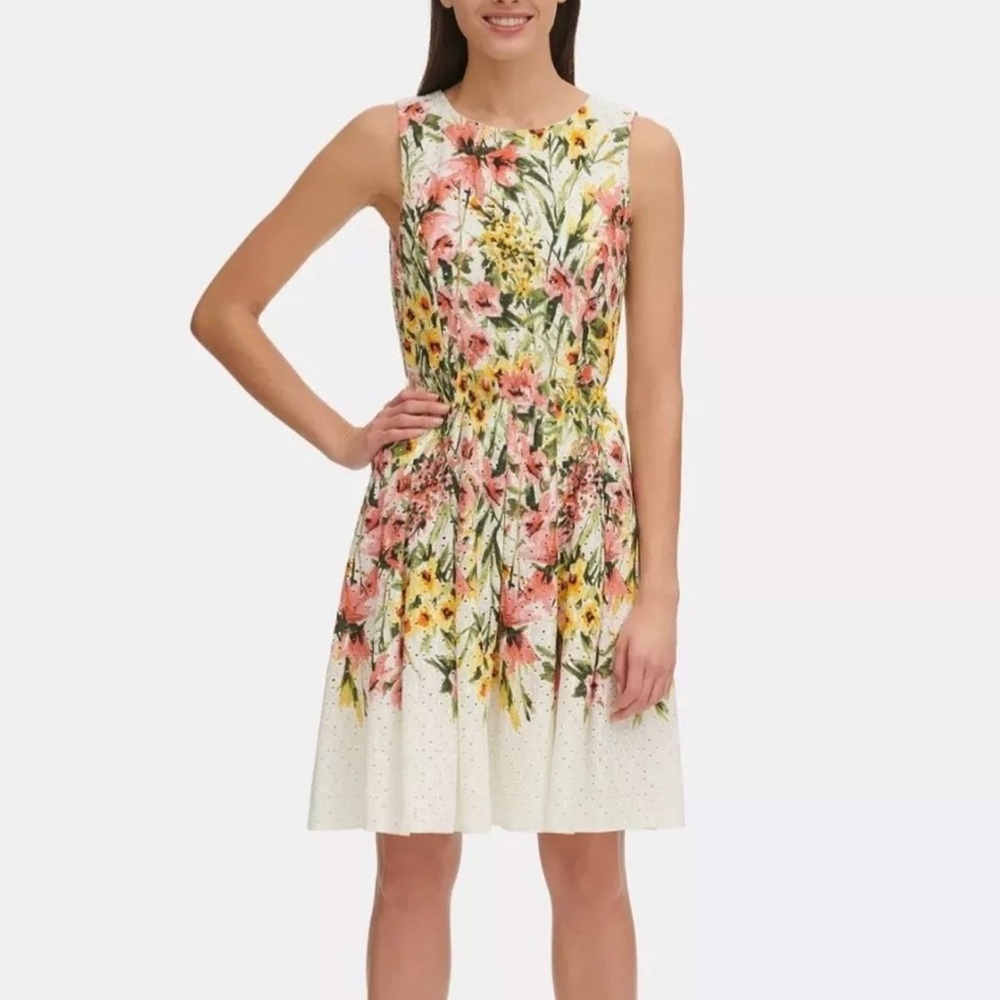 Tommy Hilfiger Garden Floral Eyelet Fit & Flare Zip Up Cotton Dress